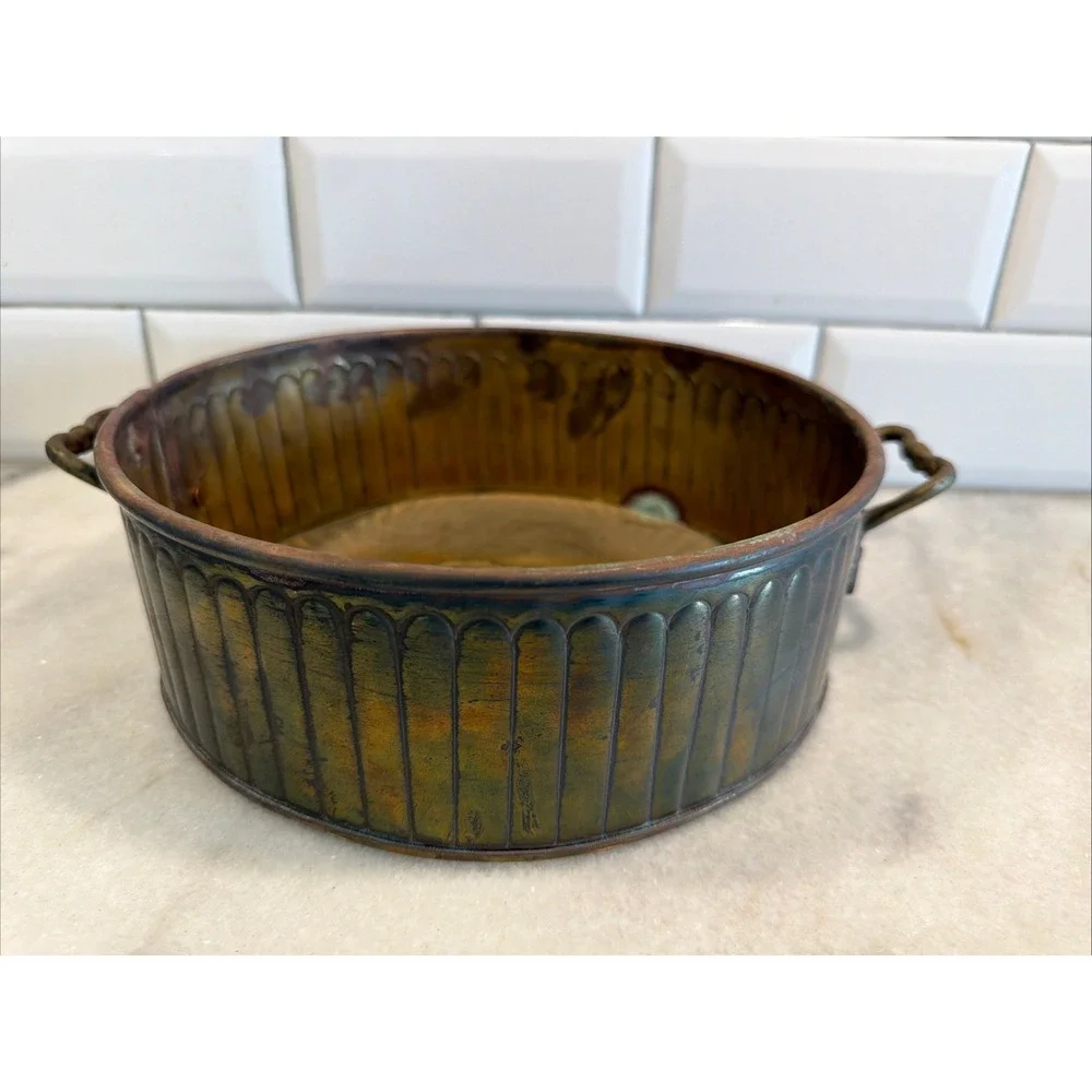 Vintage 1950s Solid Brass Round Planter Plant Pot w/ 2 Handles OLA0043